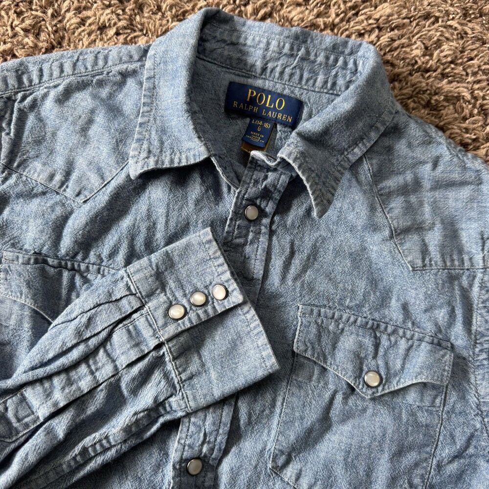 Polo Ralph Lauren Blue Denim Long Sleeve Pearl Snap Shirt Youth 14-16 Chambray